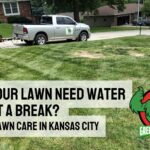 Freshly cut yard behind the Green Rooster KC logo and left aligned uppercase text: Does Your Lawn Need Water or Just a Break? Summer Lawn Care in Kansas City