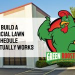 Photo of a commercial property behind GreenRooster KC logo and text: How We Build a Commercial Lawn Care Schedule That Actually Works