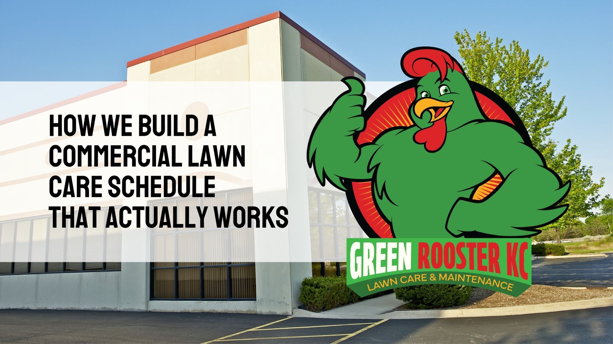 Photo of a commercial property behind GreenRooster KC logo and text: How We Build a Commercial Lawn Care Schedule That Actually Works