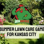 Beautiful yard behind GreenRooster KC logo and text: Your Summer Lawn Care Game Plan for Kansas City